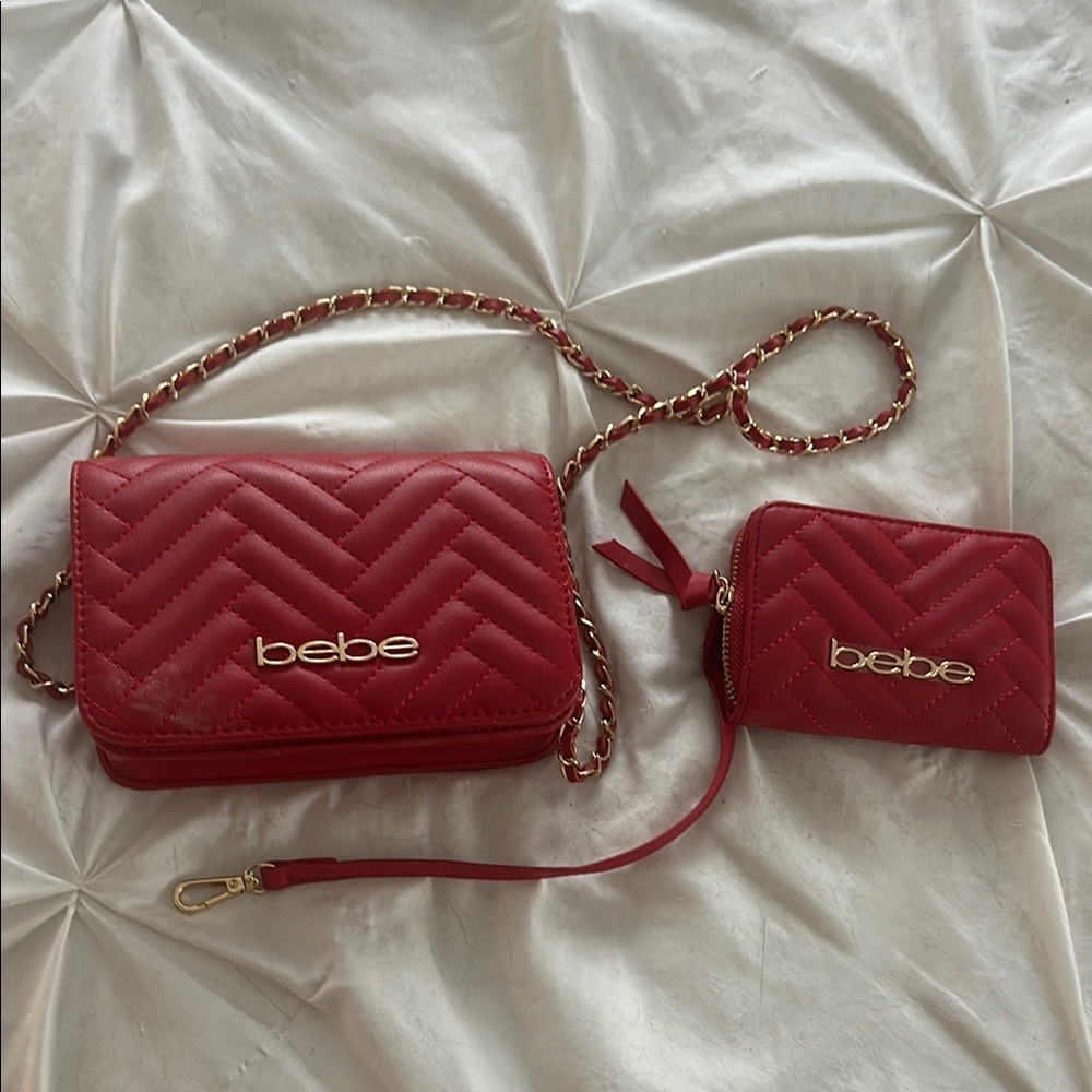 Bebe Red Quilted Crossbody Bag with Chain Strap